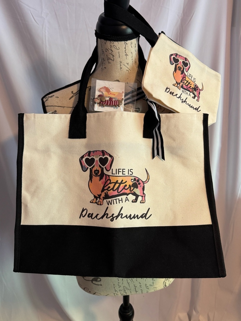 Dachshund canvas Tote bag set with wristlet cosmetic bag